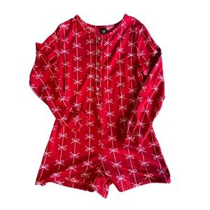 Red Bow Print Long Sleeve Henley Romper Loungewear Pajamas Large coquette